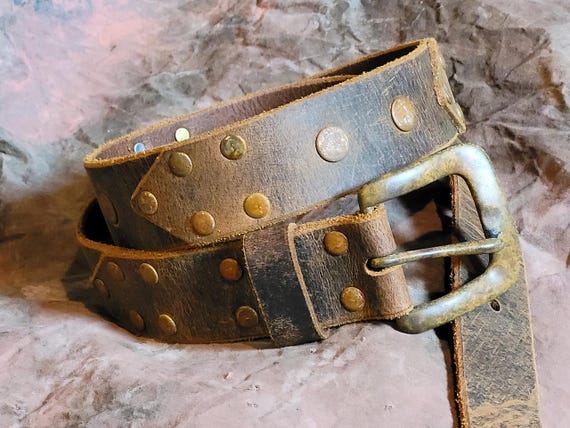 Handmade distressed leather belt -- crazy horse buffalo -- Riveted Rugged Belt-- wasteland apocalypse mad max fallout --  Rust buckle - USA