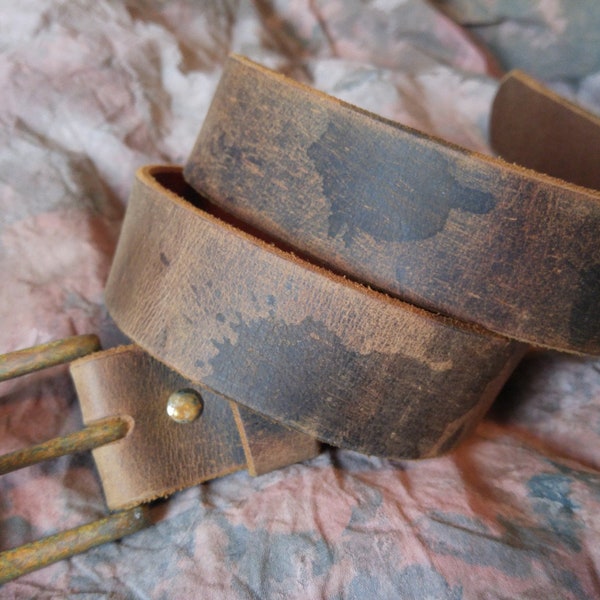 very distressed leather belt -- 1 1/2" Rugged Belt-- wasteland mad max fallout --  Rust buckle -- Crazy Horse Buffalo -- Made in the USA