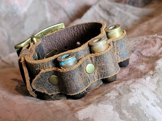 bandolier bullet loop Wristband -- distressed crazy horse  -- Leather Jewelry Bracelet -- Cowboy Mad Max Wasteland Cosplay Fallout -Made USA