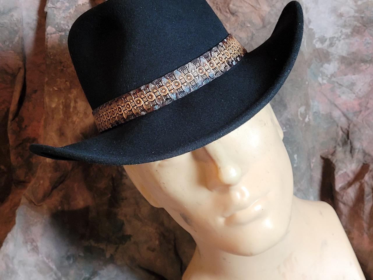 Handmade Tooled Leather Outback Hat Inlaid Woven Textile Fedora Vintage Leather Outback Hat, Western Cowboy Bush Hat  main image 4
