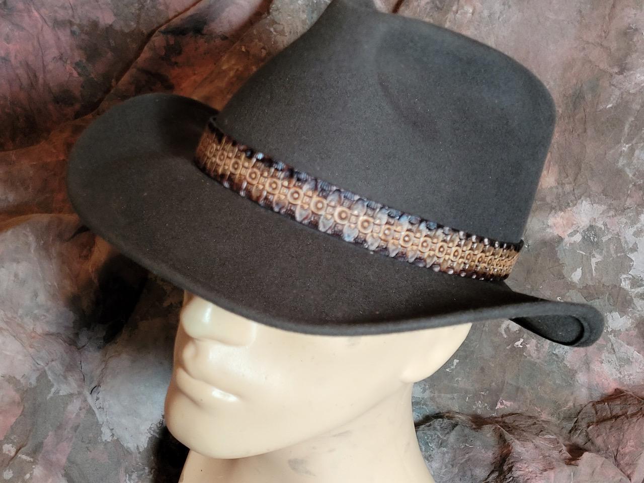 Handmade Tooled Leather Outback Hat Inlaid Woven Textile Fedora Vintage Leather Outback Hat, Western Cowboy Bush Hat  main image 2