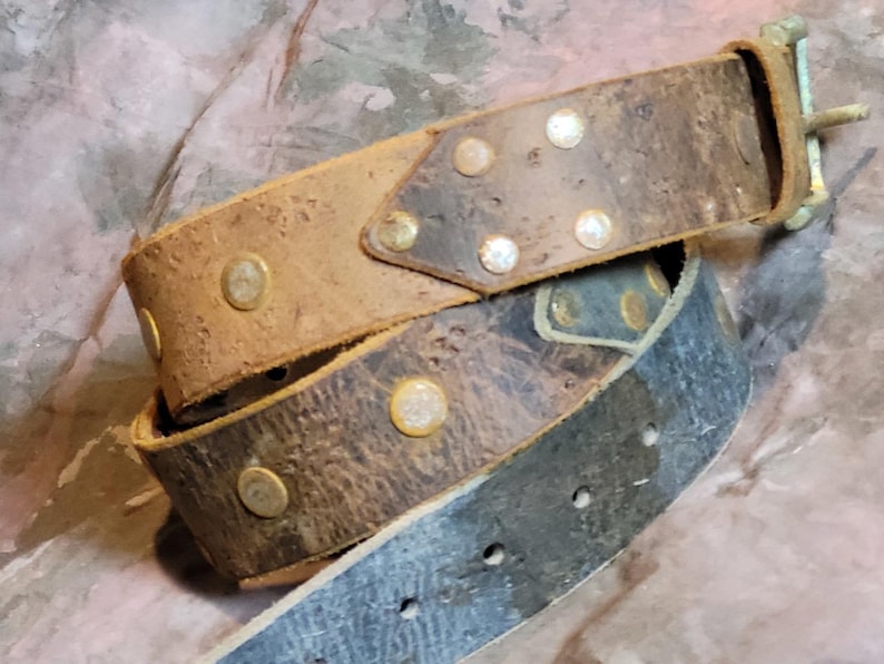 Distressed Leather Belt: Riveted Crazy Horse Buffalo, Hand Made USA V. Distress B/G/T