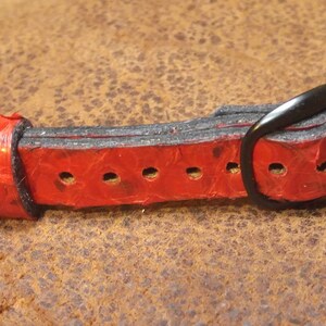 May include: A red leather watch strap with a black buckle. The strap has a textured surface and is folded over on itself.