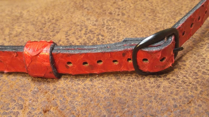 May include: A red leather watch strap with a black buckle. The strap has a textured surface and is folded over on itself.