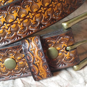 Hand Tooled Leather Belt: Custom Stamped Cowhide, USA Made