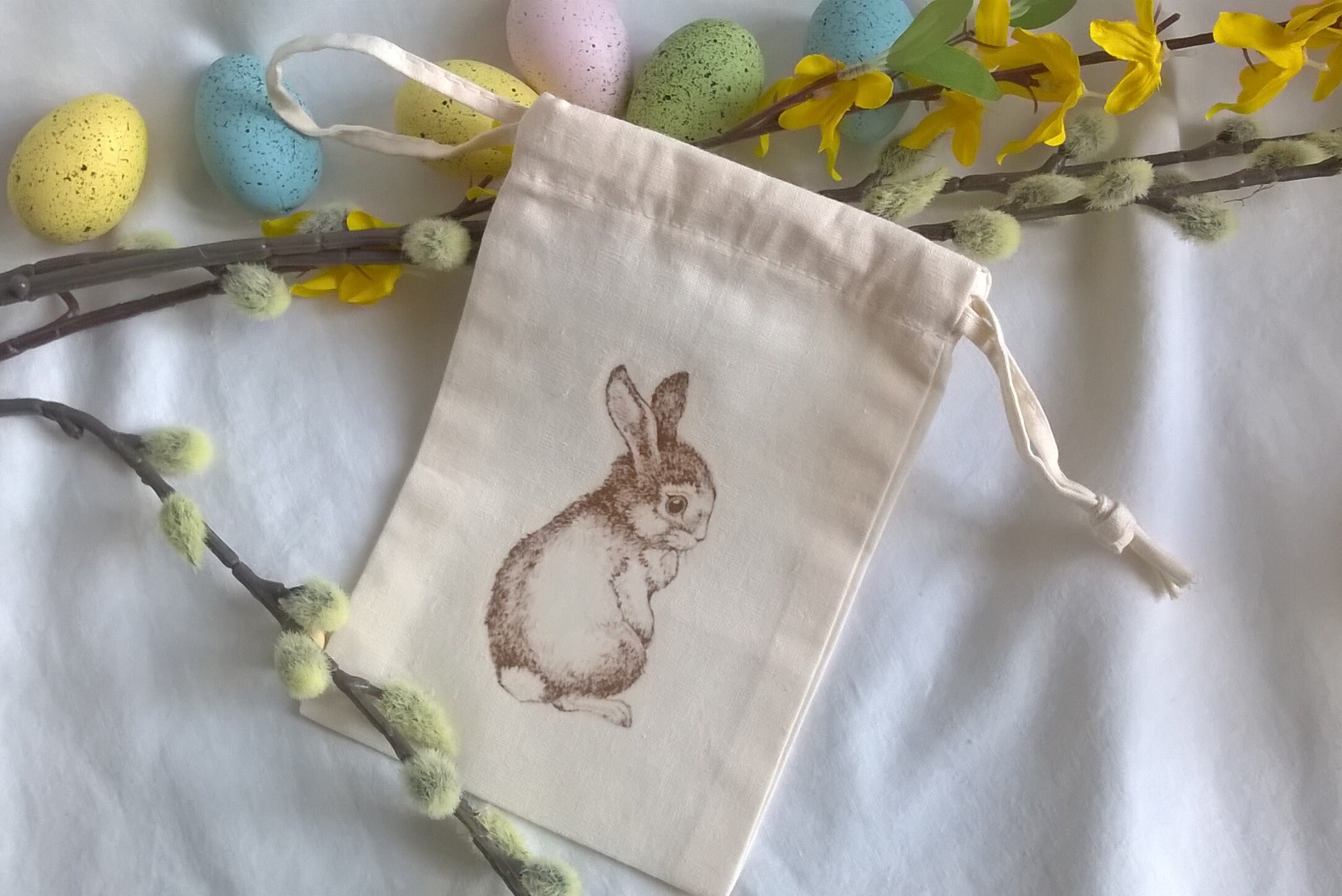 Pâques Sac Écru, Sac Tissu Lapin Brun, 10x15 cm