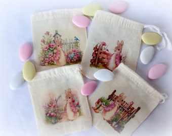 4 plate gifts, Flopsy designs in Pierre Rabbit, muslin bags, 8 x 10 cm