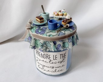 Blue candle, "Taking tea with you is always a good idea", liberty and miniatures.
