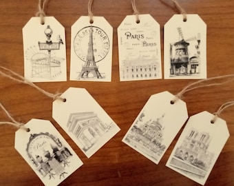 12 mini Paris labels, strong ecru paper, string, 5 x 3 cm