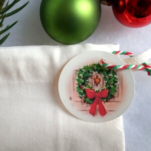 Sac cadeau Noël, Mini sac tissu blanc, image vintage, voiture avec sapin Noël, 10x15 cm image 3