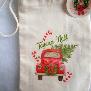 Sac cadeau Noël, Mini sac tissu blanc, image vintage, voiture avec sapin Noël, 10x15 cm image 5