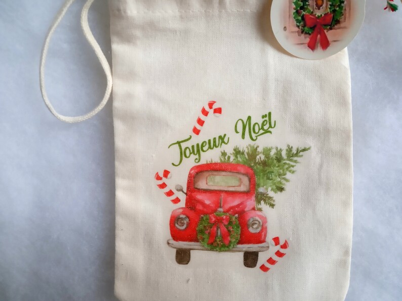 Sac cadeau Noël, Mini sac tissu blanc, image vintage, voiture avec sapin Noël, 10x15 cm image 5