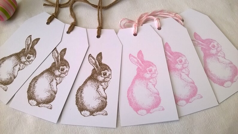 Six pink and brown rabbit labels, spring Easter image 1