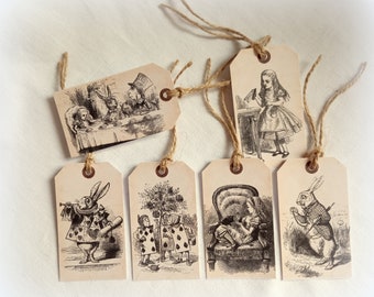Alice gift tags, 6 labels with string, pictures of the book Alice in Wonderland