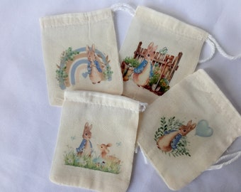 4 plate gifts, Peter Rabbit patterns, muslin bags, 8 x 10 cm