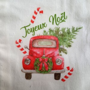 Sac cadeau Noël, Mini sac tissu blanc, image vintage, voiture avec sapin Noël, 10x15 cm image 2