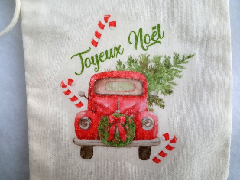 Sac cadeau Noël, Mini sac tissu blanc, image vintage, voiture avec sapin Noël, 10x15 cm image 2