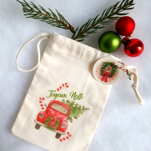 Sac cadeau Noël, Mini sac tissu blanc, image vintage, voiture avec sapin Noël, 10x15 cm image 4