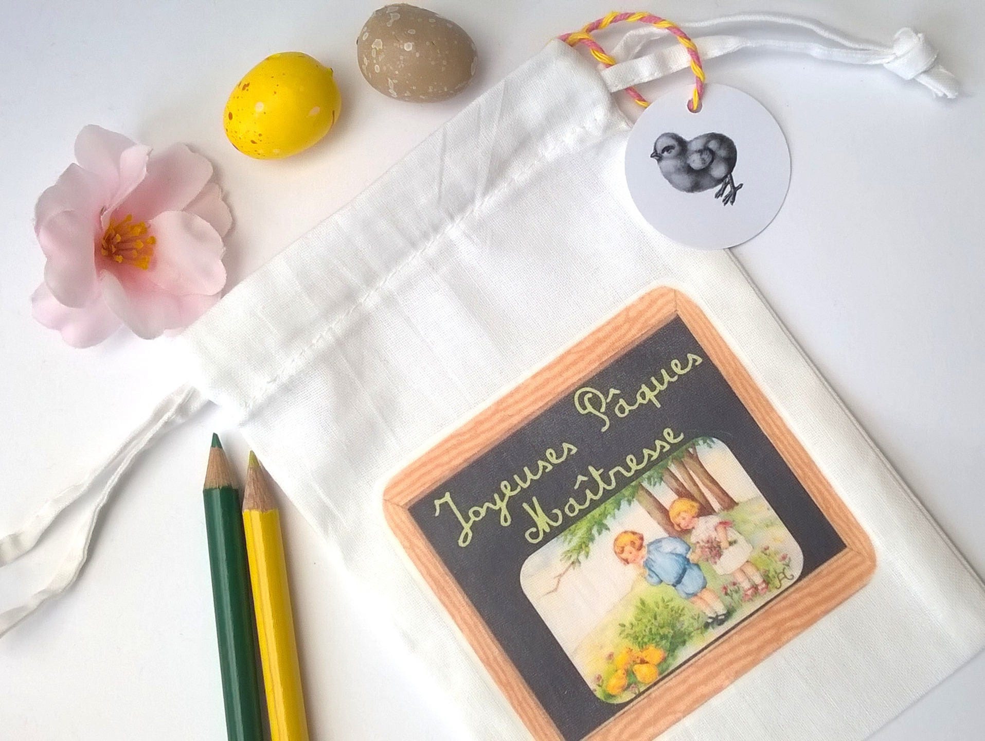 Petit Sac Tissu Cadeau Maîtresse Pâques Enfants et Poussins + Étiquette