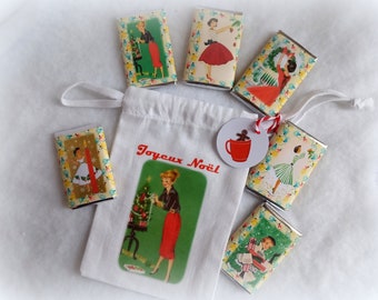 Christmas fabric bag, vintage lady 1, empty or with chocolates, vintage drawings of ladies and ladies at Christmas, 10 X 15 cm