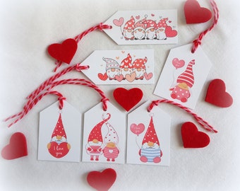 6 Étiquettes cadeaux, gnomes et coeurs, 6 illustrations différentes