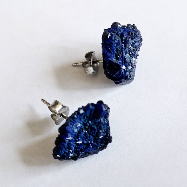 Raw Azurite Gemstone Stud Earrings Stainless Steel Nickel-Free Shamanically Activated and Cleansed