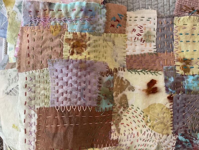 Slow Stitch Kit Meditative Stitching Kit Eco Printed Linen Cotton Fabrics, Sashiko Threads, Needle (12"x12") image 12