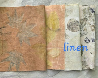 Coordinated bundle of eco print on hand dyed linen  for slow stitching ,sashiko, 8 in squares of naturaly dyed linen for mending, quilting.