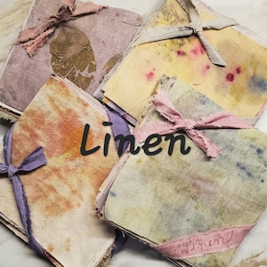 Hand Dyed Botanical Eco Print Linen Squares, Slow Stitch Fabric Bundle