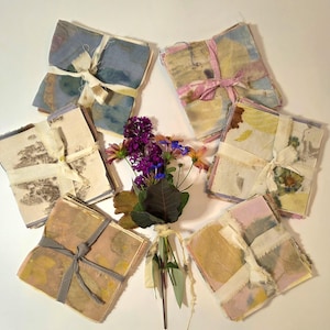 Eco Print on hand dyed with plant dye Cotton Fabric Scraps: 4" Squares for Stitching & Collage