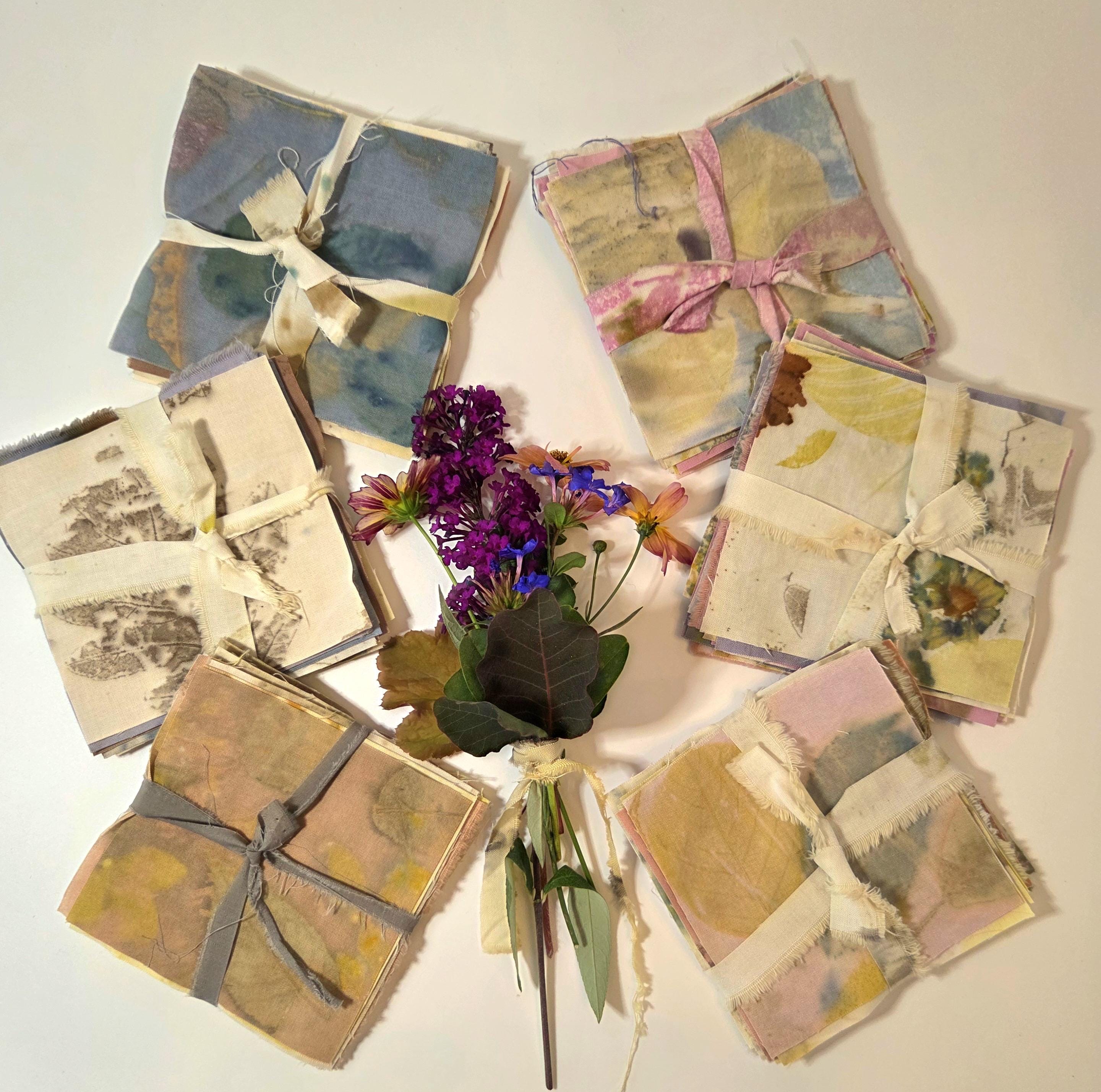 Eco Print Cotton Fabric Scraps: 4" Squares for Stitching & Collage