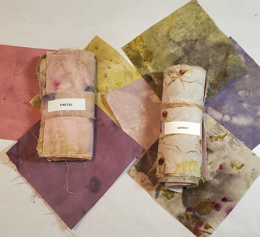 4 inch scraps of naturally dyed and printed new cotton bundles  for stitching, sashiko, collage, junk journals, buy one of each and save