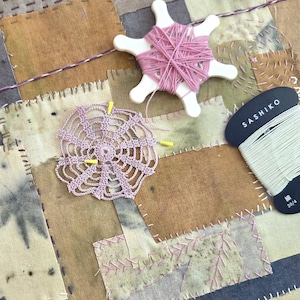 Slow Stitch Kit Meditative Stitching Kit Eco Printed Linen Cotton Fabrics, Sashiko Threads, Needle (12"x12") image 2