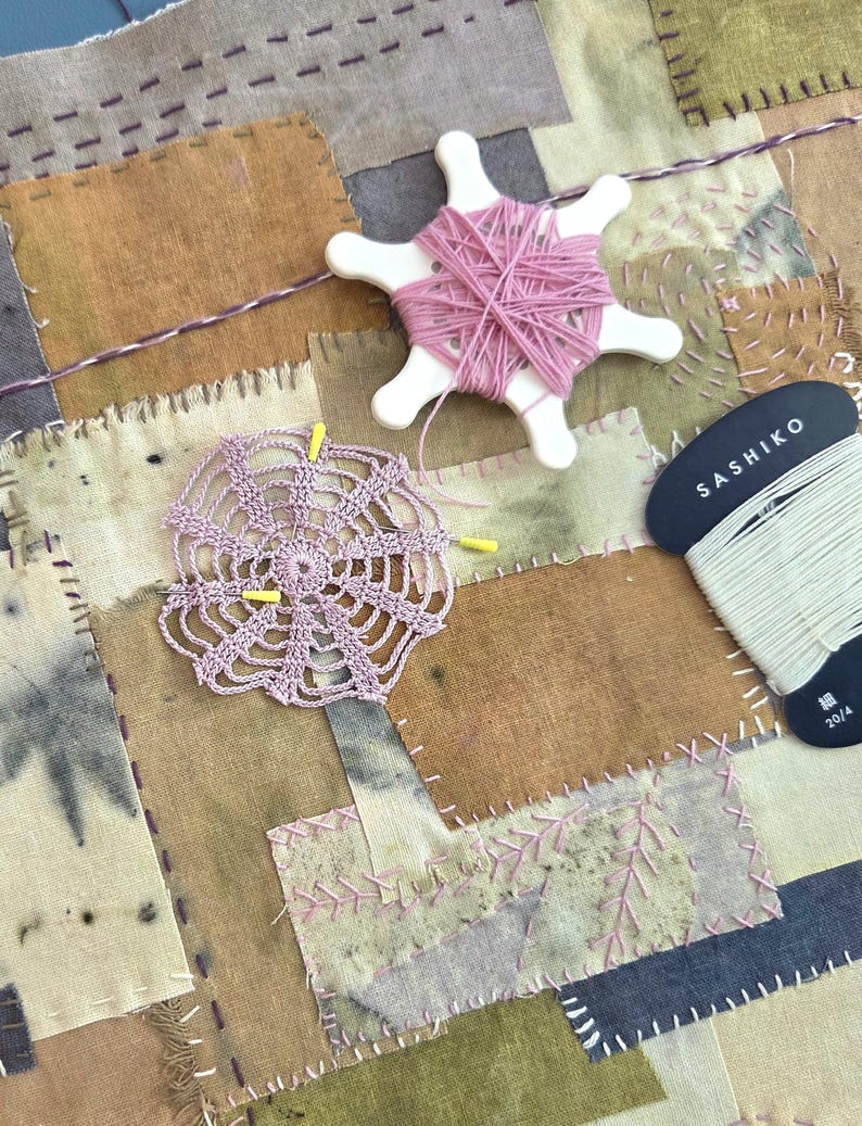 Slow Stitch Kit Meditative Stitching Kit Eco Printed Linen Cotton Fabrics, Sashiko Threads, Needle (12"x12") image 2