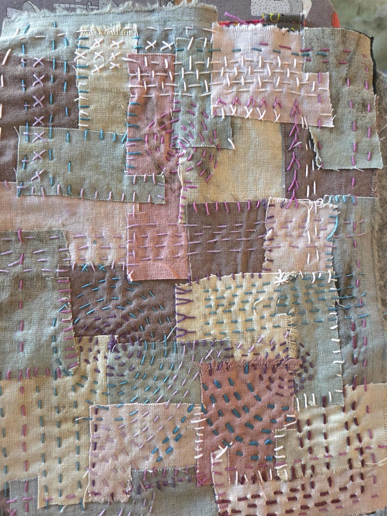 Slow Stitch Kit Meditative Stitching Kit Eco Printed Linen Cotton Fabrics, Sashiko Threads, Needle (12"x12") image 11