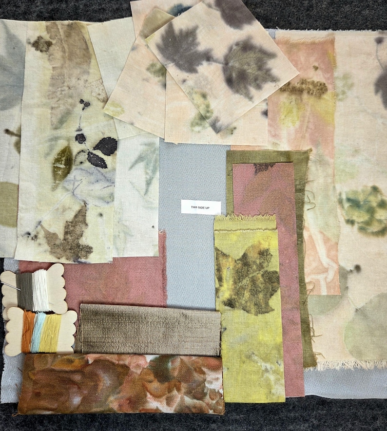 Slow Stitch Kit Meditative Stitching Kit Eco Printed Linen Cotton Fabrics, Sashiko Threads, Needle (12"x12") image 5