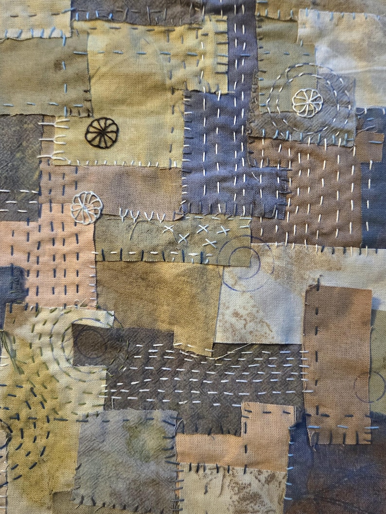 Slow Stitch Kit Meditative Stitching Kit Eco Printed Linen Cotton Fabrics, Sashiko Threads, Needle (12"x12") image 9