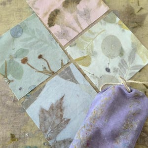 Eco print on hand dyed plant dyed cotton squares new spring colors and prints for stitching, collage and quilting. (4 inch squares)