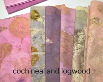 Pink and Purple linen and cotton botanical printed and hand dyed for stitching, junk journals, quilting, eight - 7 in sq of hand dyed fabric