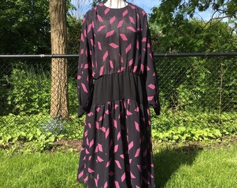 Sandi Gale Black with Purple Diamonds Drop Waist Dress 80s Party Dress 80s New Wave Dress Women Midi Dress 80s Secretary Dress Office Dress