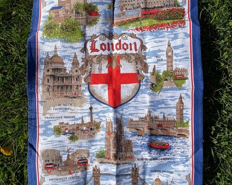 Vintage London Souvenir Tea Towel / England Souvenir Tea Towel / Printed Cotton Tea Towel / Hanging Kitchen Towel