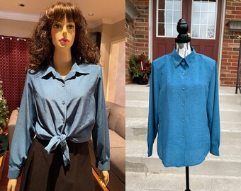 Vintage 90s Stefano Cocci Woman Blue Button Up Shirt Casual Button Down Shirt Women Shoulder Pad Shirt