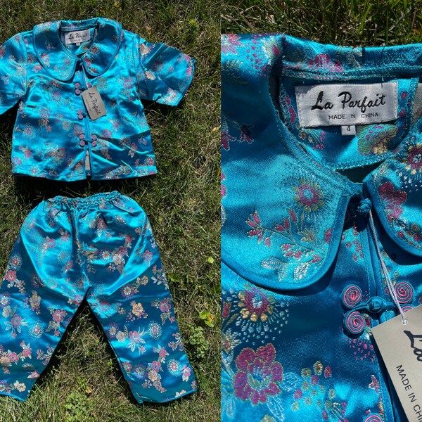 Vintage Childrens Kids Blue Cheongsam Pant Suit Set / Vintage Childrens Kids Clothes Clothing / Chinese Cheongsam Blouse Top Shirt Qipao
