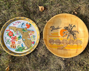 Vintage Florida The Sunshine State Souvenir Metal Tray / Florida Souvenir Bamboo Wood Bowl