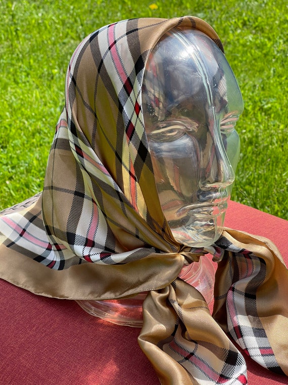 Vintage Large Brown Plaid Square Head Scarf for Women / Large 