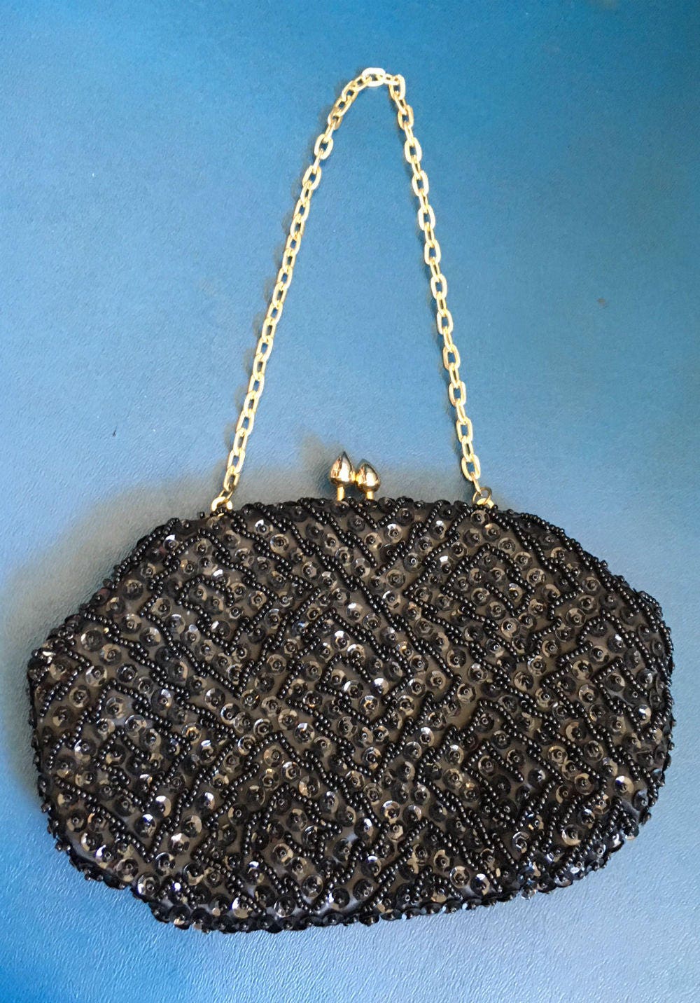 La Regale Vintage Black Beaded Convertible Mini Bag Evening Purse