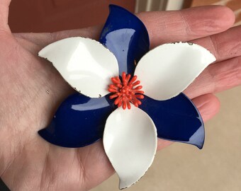 Vintage 1960s Blue and White Enamel Flower Pin Brooch With Orange Center