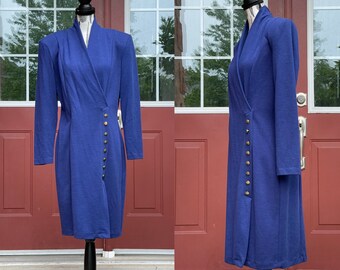 Vintage All That Jazz Cotton Knit Wrap Dress / Long Sleeve Navy Wrap Dress / 80s Sweater Dress / Wrap Cotton Blue Midi Dress