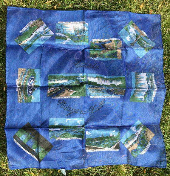 60s Niagara Falls Print Blue Square Scarf Men's H… - image 1