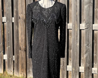 Vintage 80s Nu-Mode Black Beaded and Sequin Long Sleeve Wiggle Cocktail Dress Women / 80s Evening Dress / 80s Party Dress